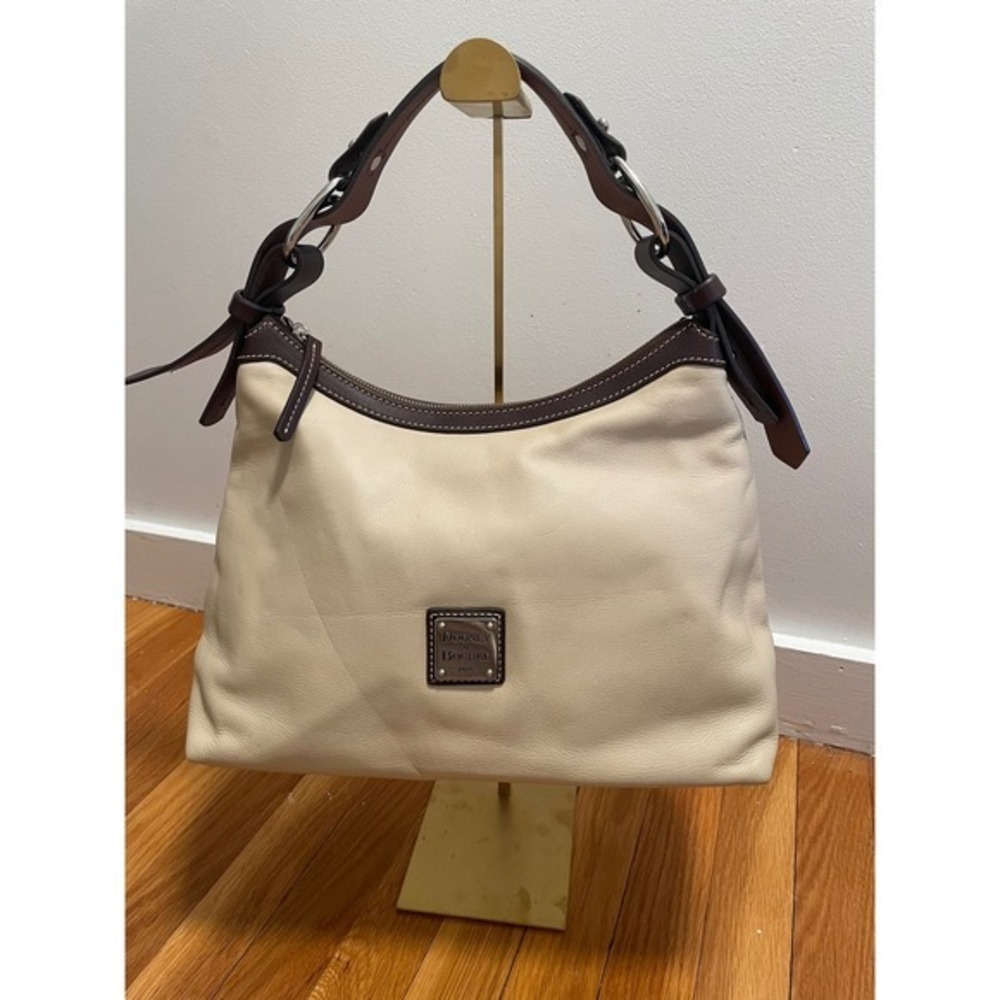 Dooney & Bourke Cream Leather Hobo Bag with Brown Leather Trim- 13×9.5×6